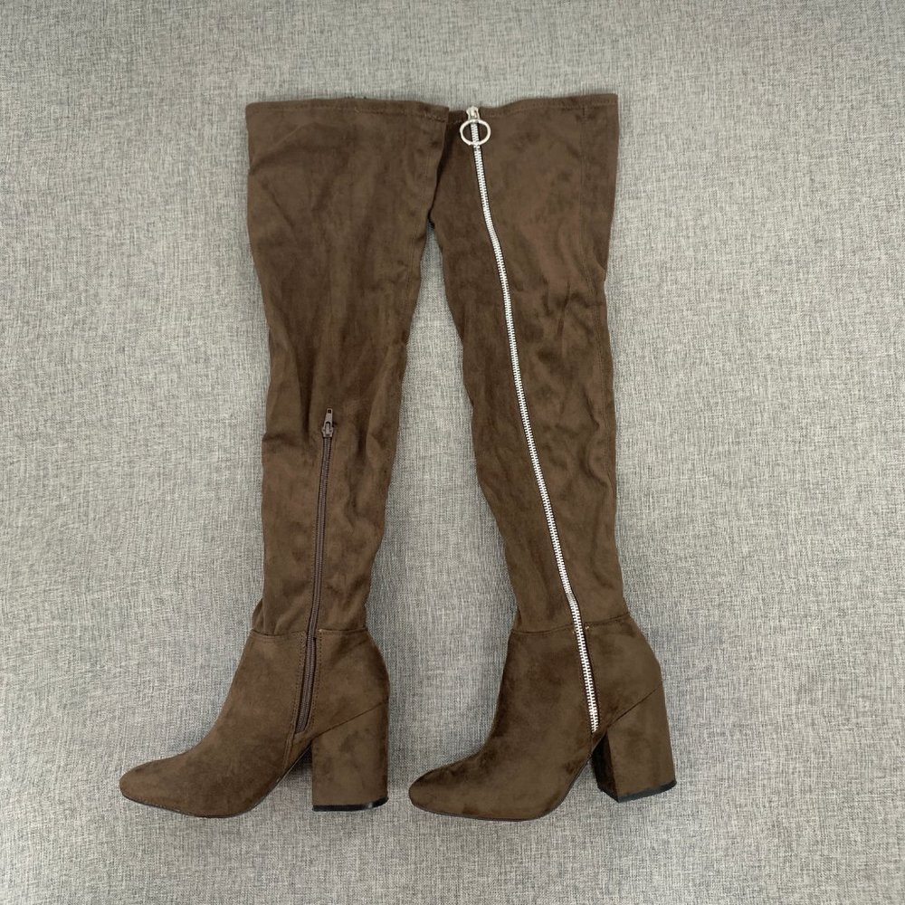 Shoe Dazzle Over‎ The Knee Sexy Suede Boots Brown Zipper Block 3.25" Heel Sz 5.5